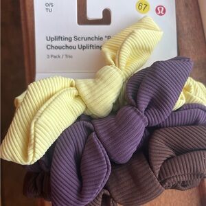 Lululemon Scrunchie Trio in Yellow, Purple, and Brown and pink headband